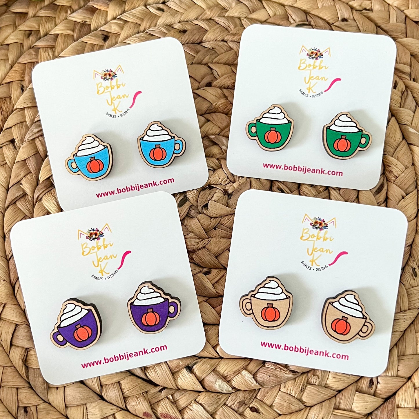 Hand Painted Pumpkin Spice Wood Mug Studs: Choose From 4 Color Options