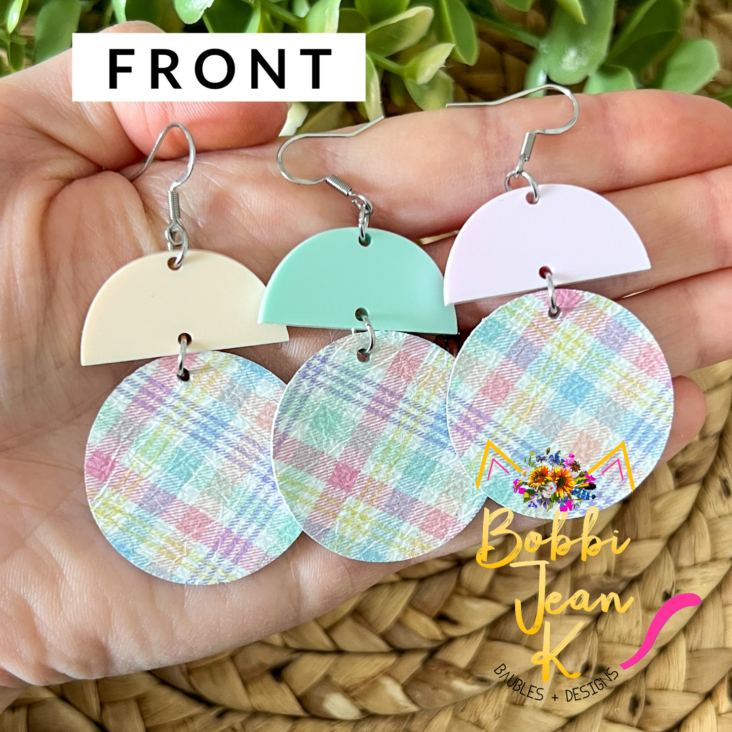 Pastel Plaid Leather Earring Circle Drop: Choose From 3 Colors - ONLY 2 PEACH LEFT