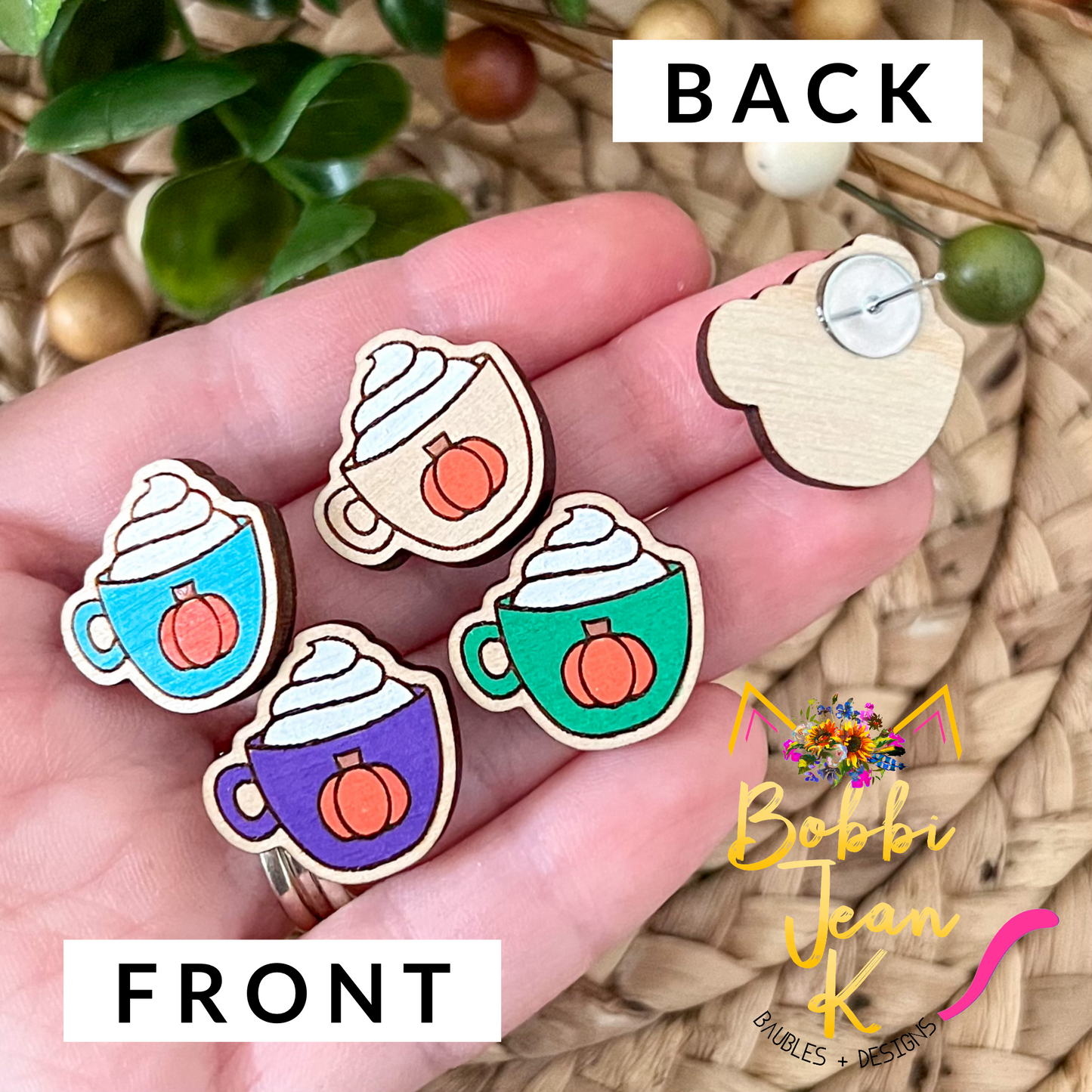 Hand Painted Pumpkin Spice Wood Mug Studs: Choose From 4 Color Options