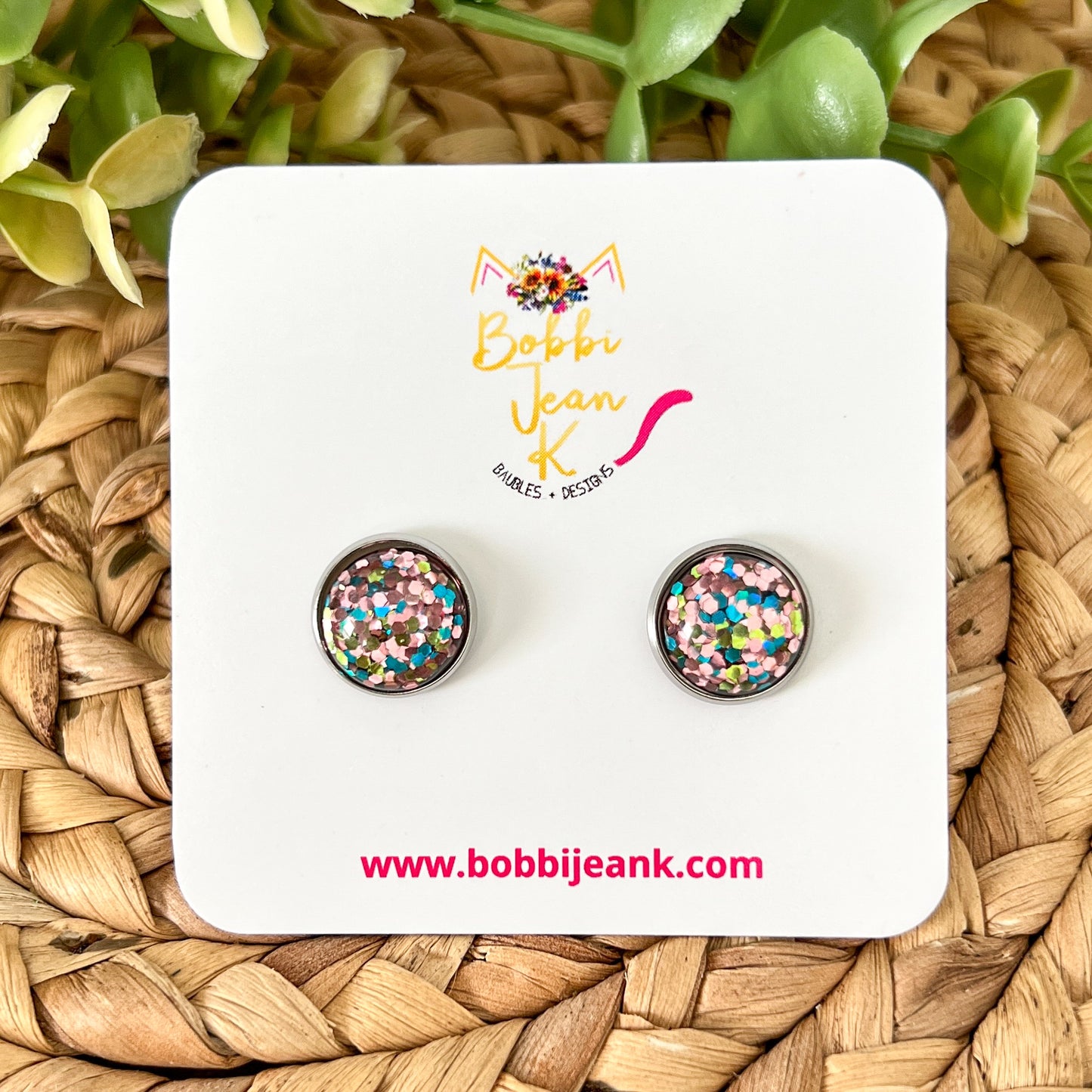 SALE: Pink/Blue/Yellow Gold Glitter Studs 12mm: Choose Silver or Gold Settings - ONLY 2 LEFT