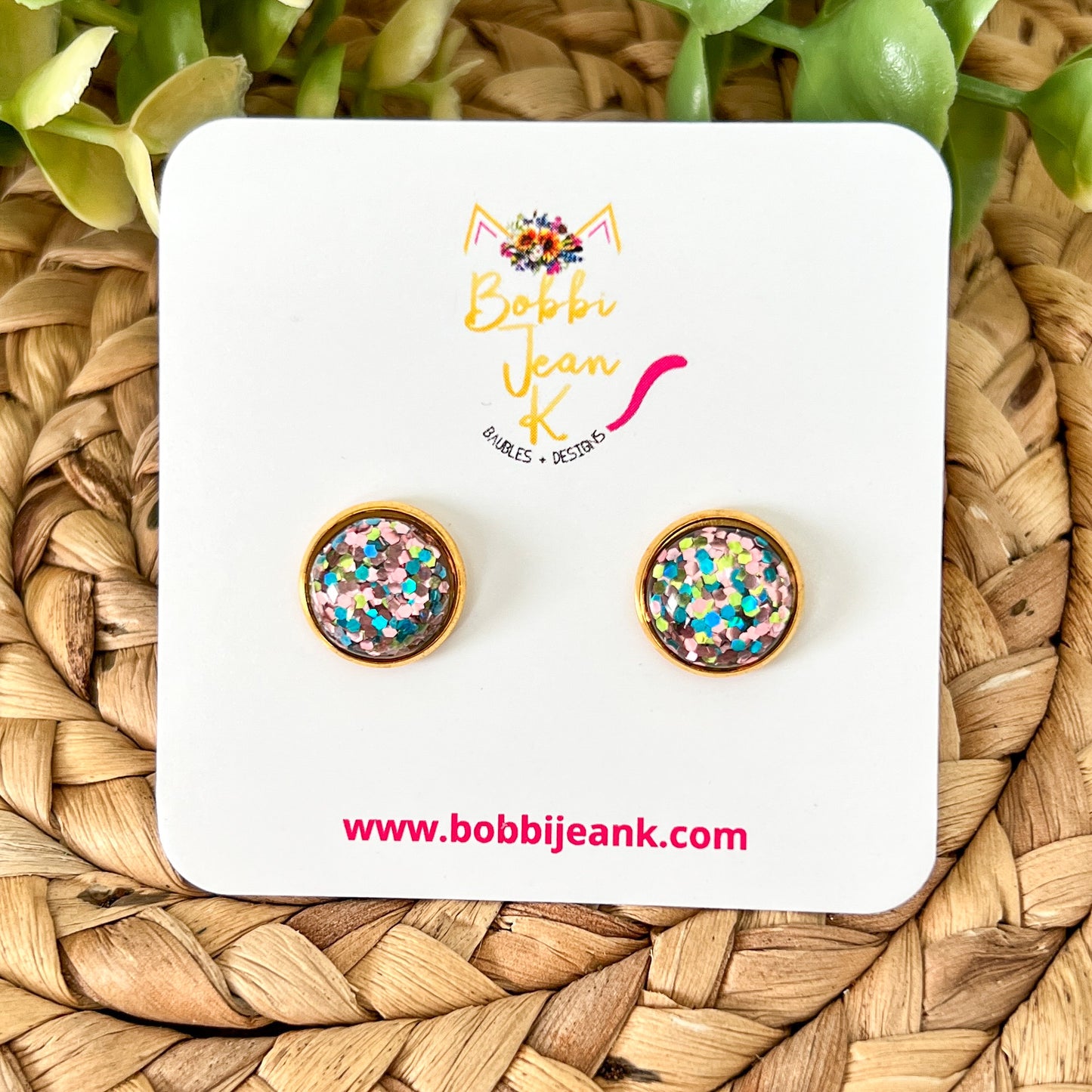 SALE: Pink/Blue/Yellow Gold Glitter Studs 12mm: Choose Silver or Gold Settings - ONLY 2 LEFT