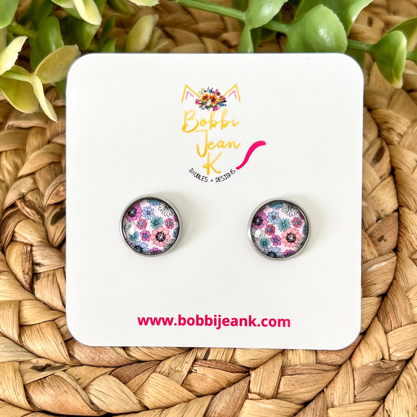 SALE: Multi Floral Glass Studs 12mm: Choose Silver or Gold Settings - ONLY ONE LEFT