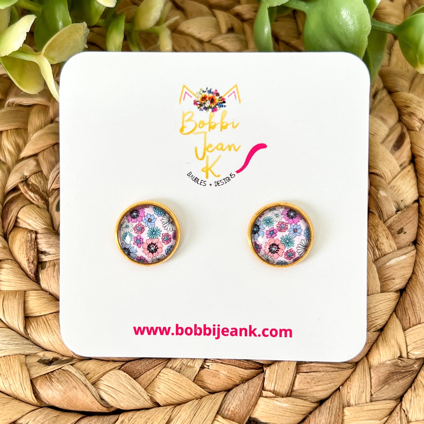 SALE: Multi Floral Glass Studs 12mm: Choose Silver or Gold Settings - ONLY ONE LEFT