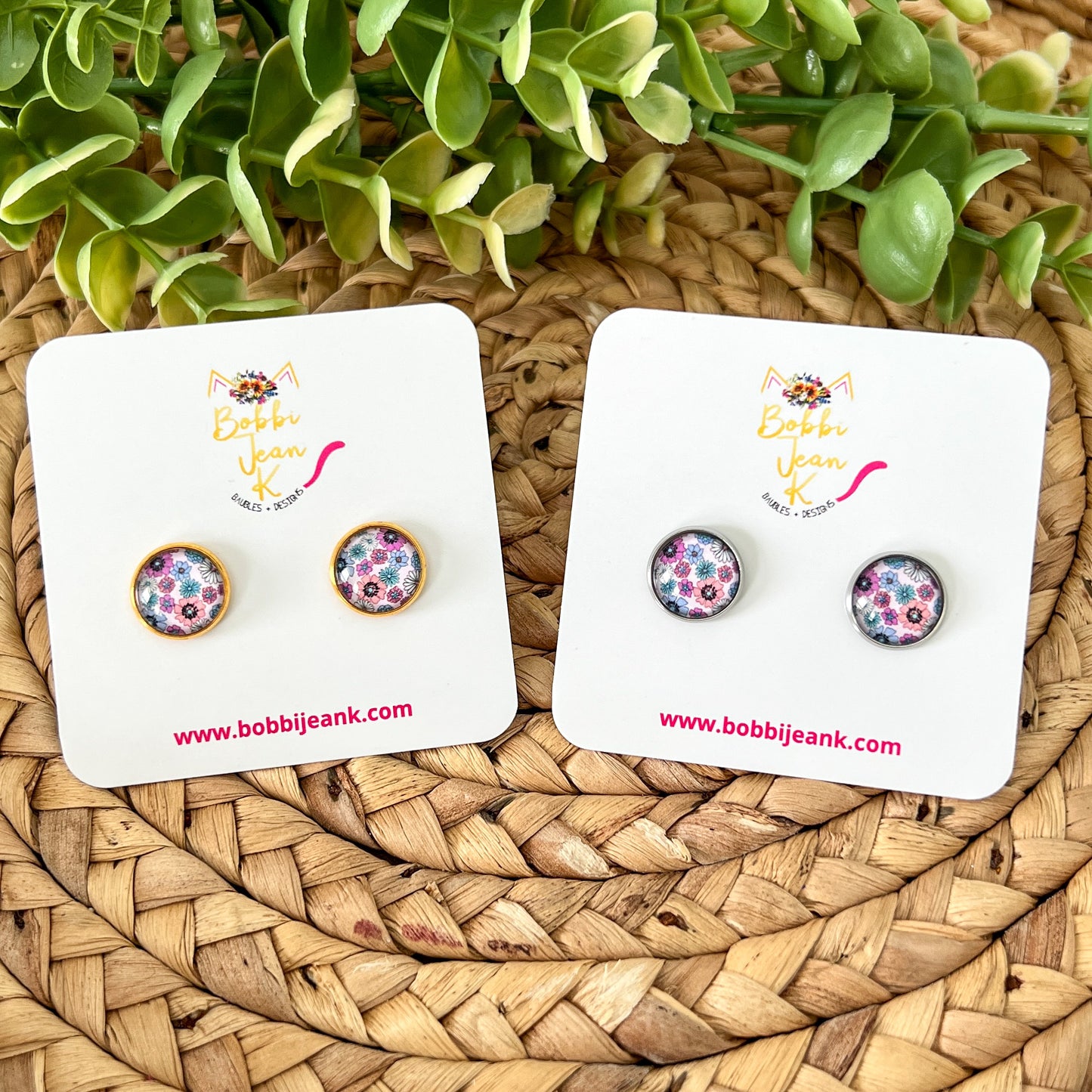SALE: Multi Floral Glass Studs 12mm: Choose Silver or Gold Settings - ONLY ONE LEFT