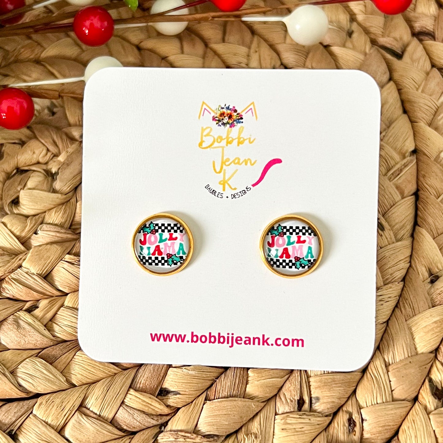 SALE: Jolly Mama Glass Studs 12mm: Choose Silver or Gold Settings - LAST CHANCE