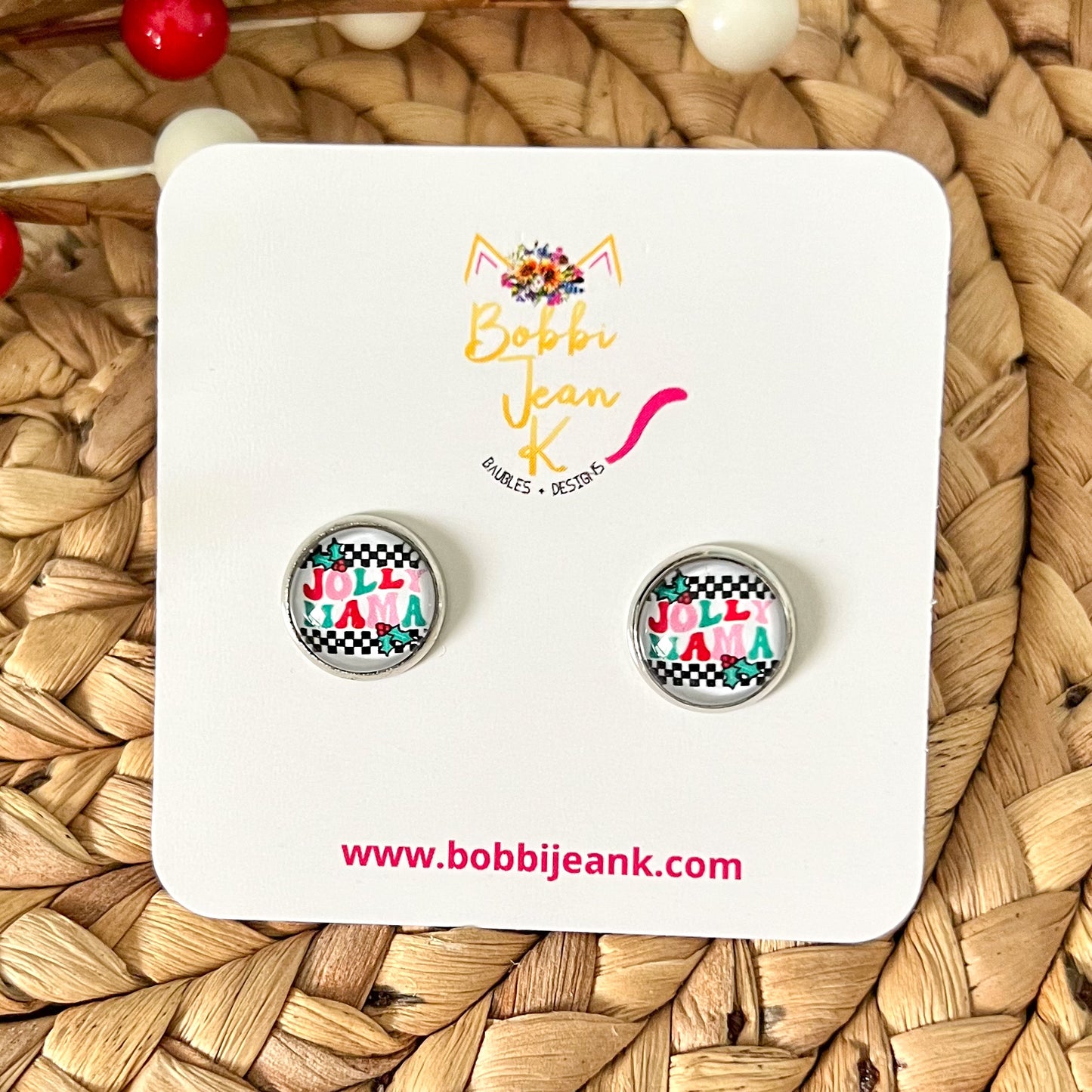 SALE: Jolly Mama Glass Studs 12mm: Choose Silver or Gold Settings - LAST CHANCE