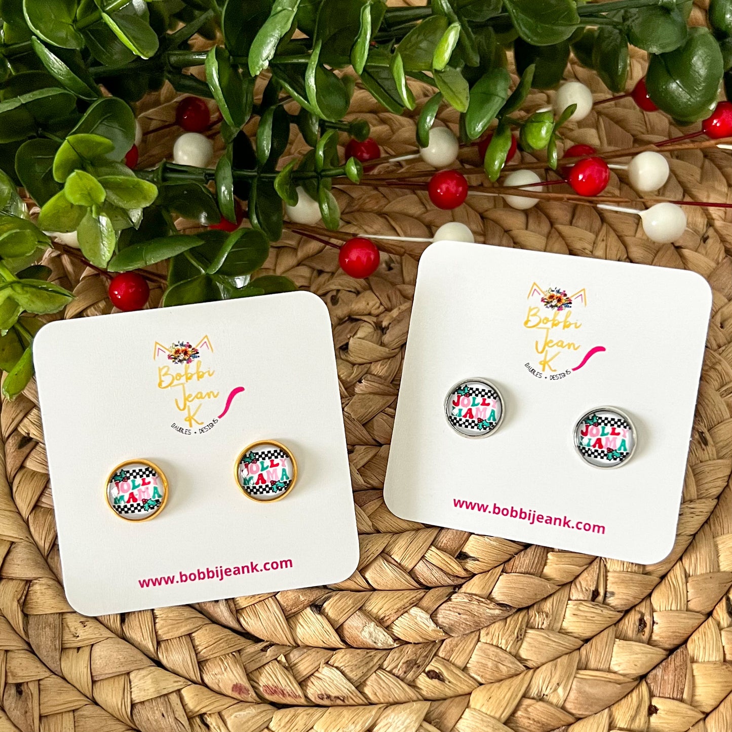 SALE: Jolly Mama Glass Studs 12mm: Choose Silver or Gold Settings - LAST CHANCE