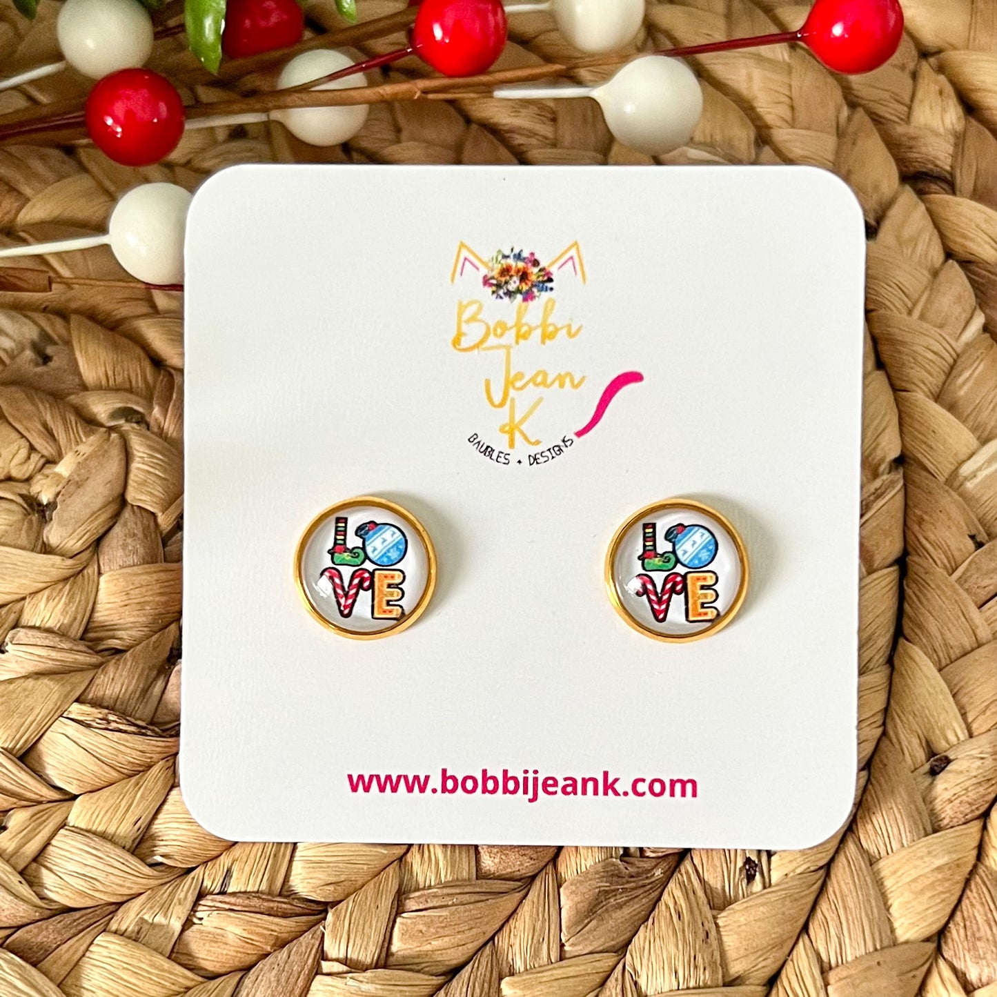 SALE: Holiday Love Glass Studs 12mm: Choose Silver or Gold Settings - LAST CHANCE