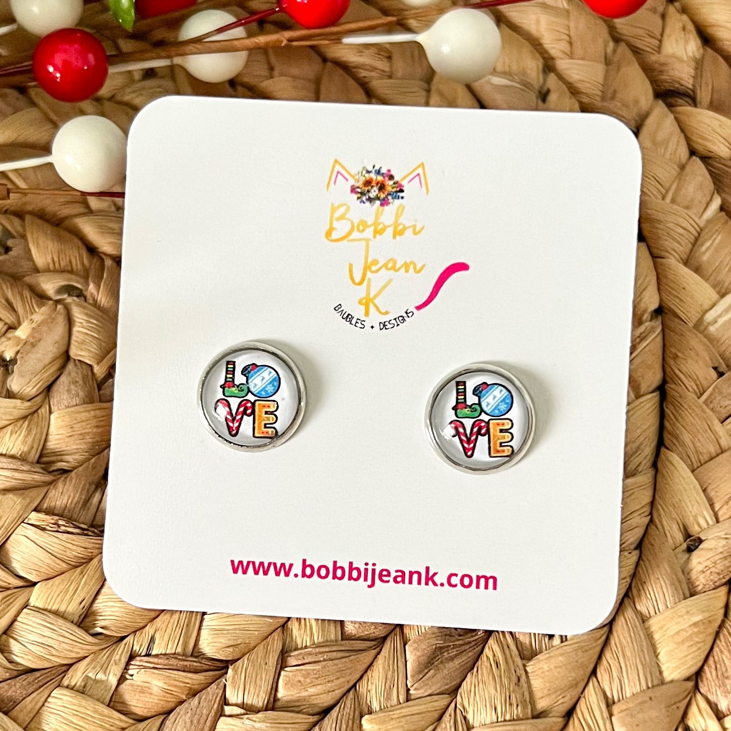 SALE: Holiday Love Glass Studs 12mm: Choose Silver or Gold Settings - LAST CHANCE