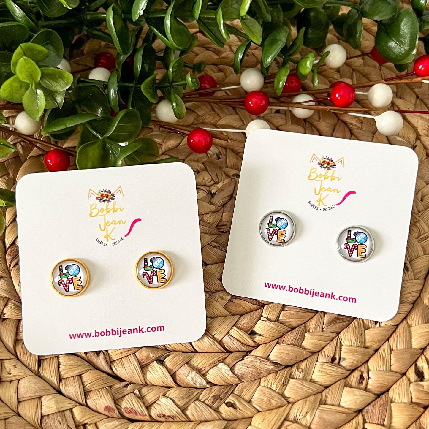 SALE: Holiday Love Glass Studs 12mm: Choose Silver or Gold Settings - LAST CHANCE