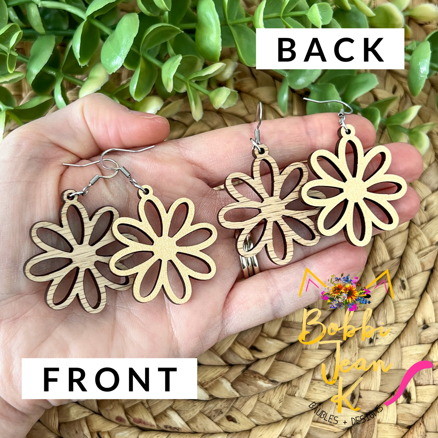 Simple Daisy Wood Earrings: Choose Light Peach or Red Oak Wood