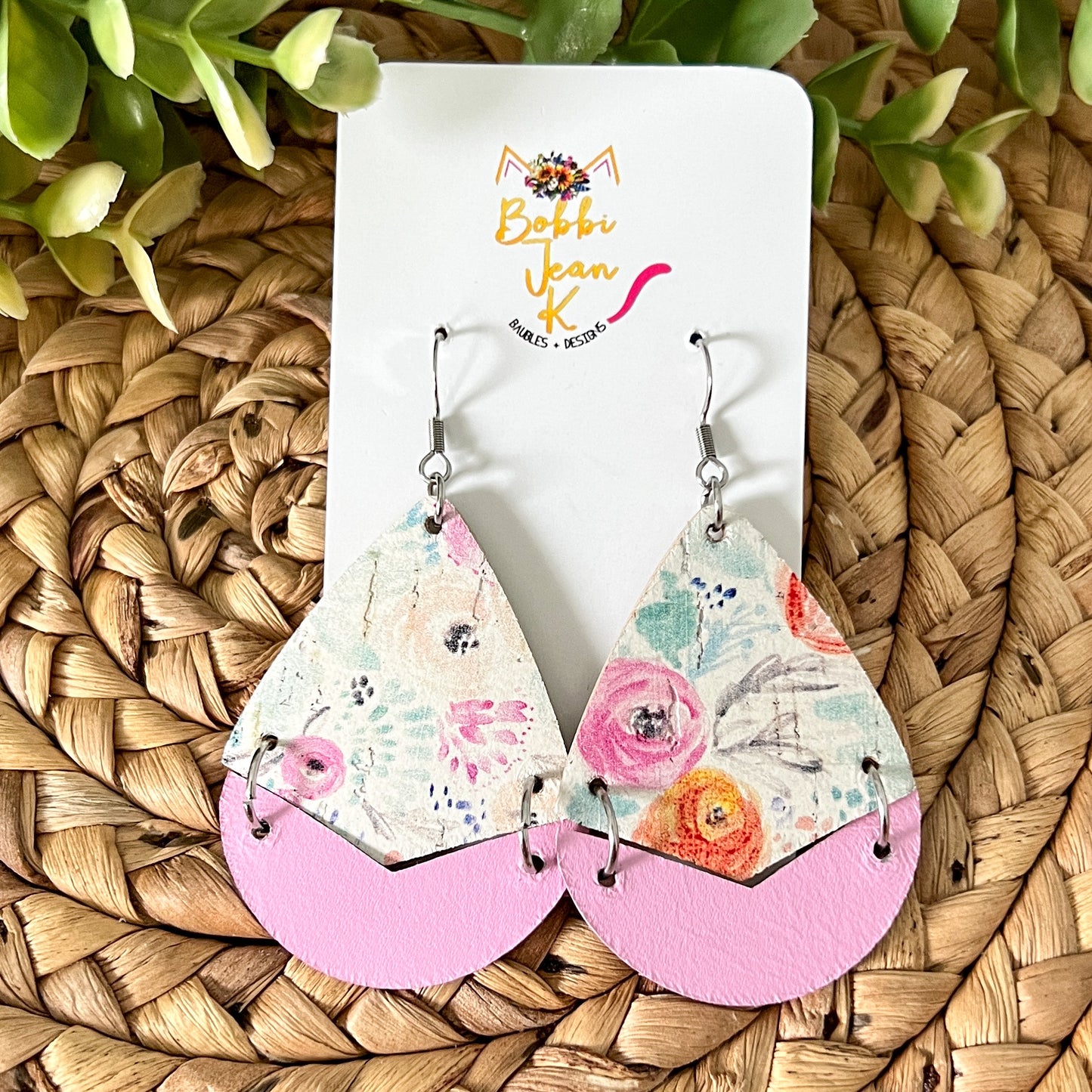 Peony Floral Cork on Leather Earrings: Choose From 3 Styles - LAST CHANCE