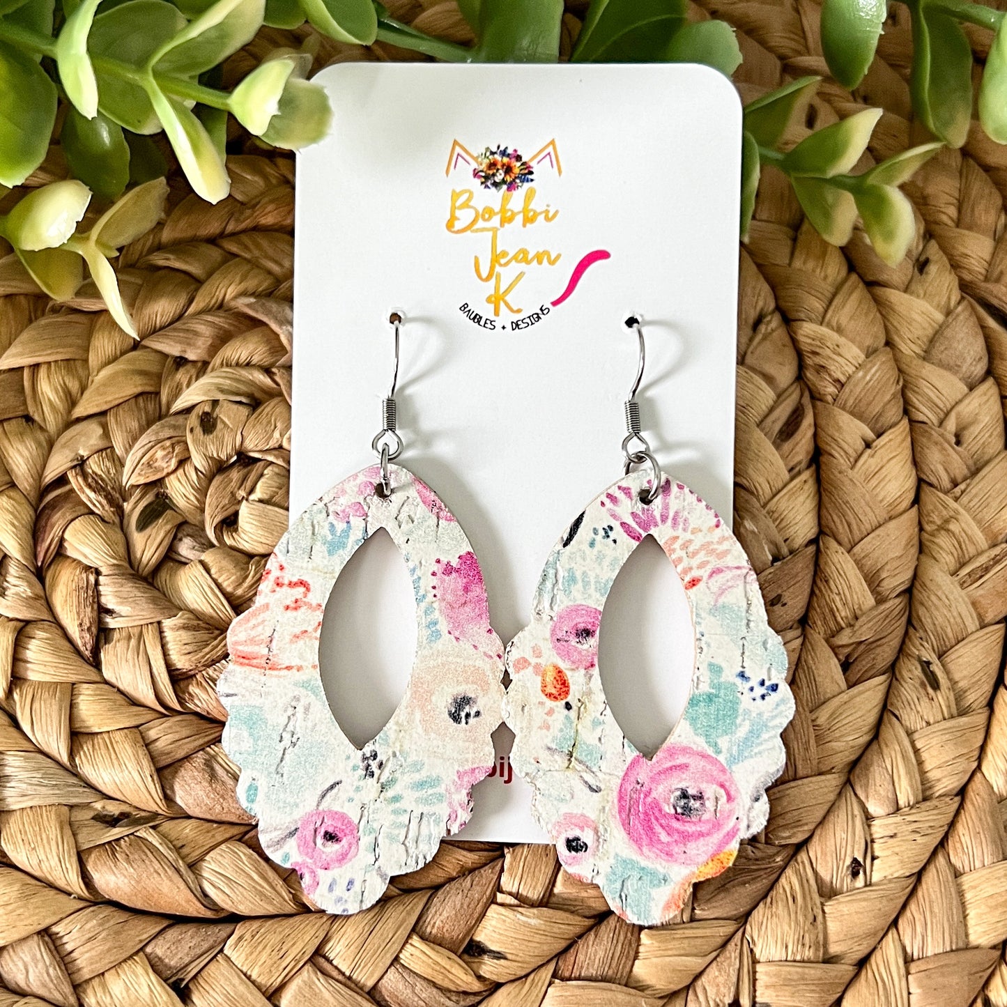 Peony Floral Cork on Leather Earrings: Choose From 3 Styles - LAST CHANCE