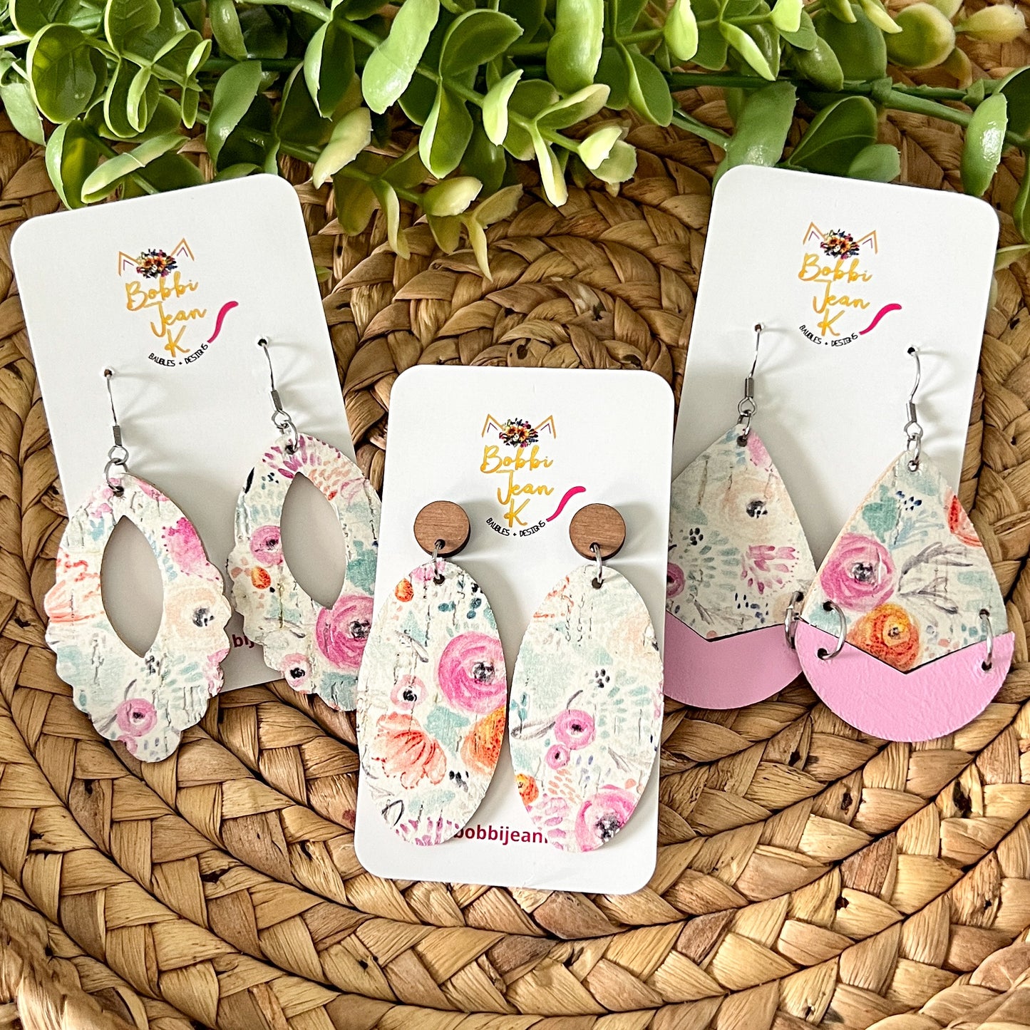 Peony Floral Cork on Leather Earrings: Choose From 3 Styles - LAST CHANCE