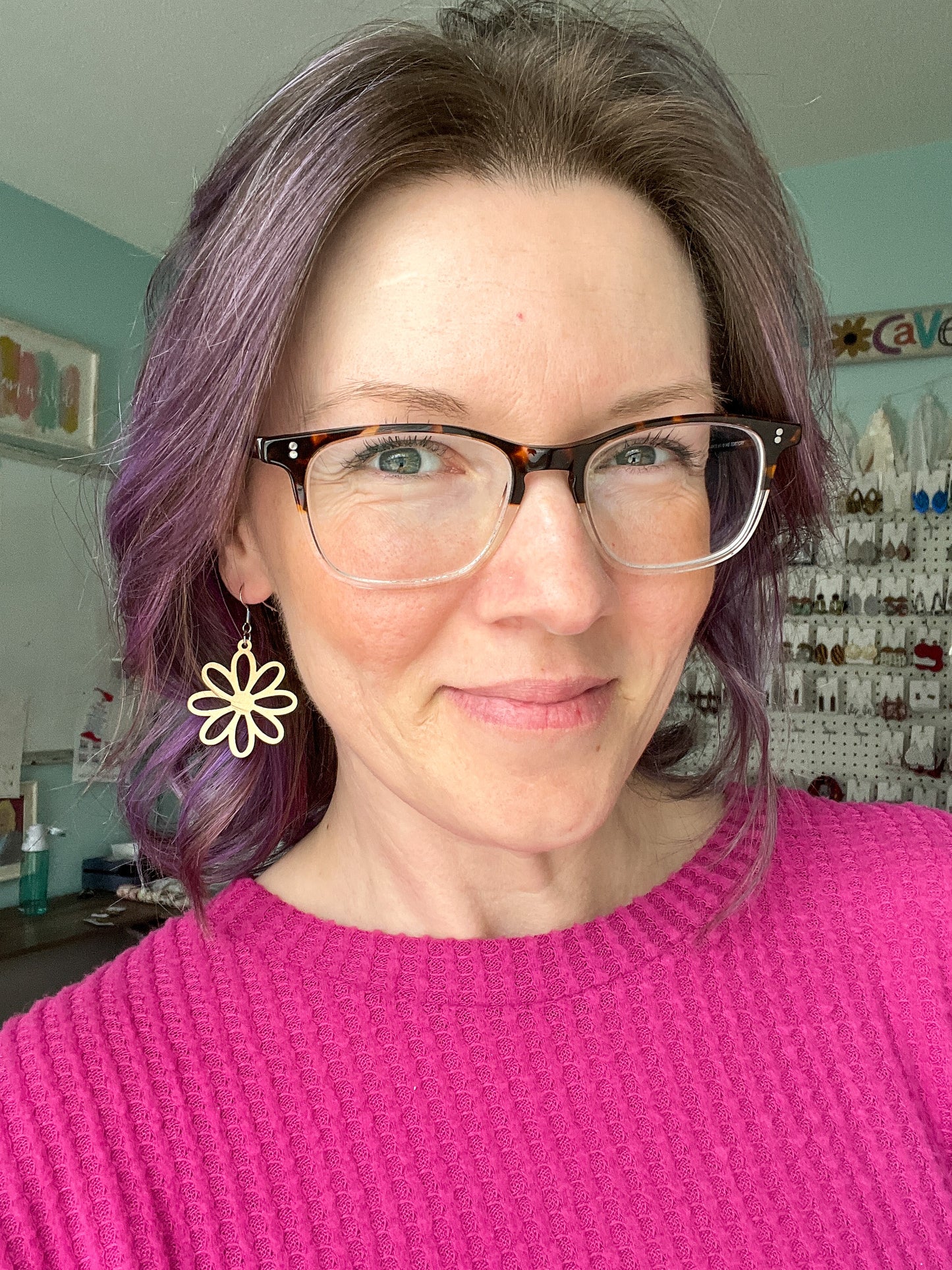 Simple Daisy Wood Earrings: Choose Light Peach or Red Oak Wood