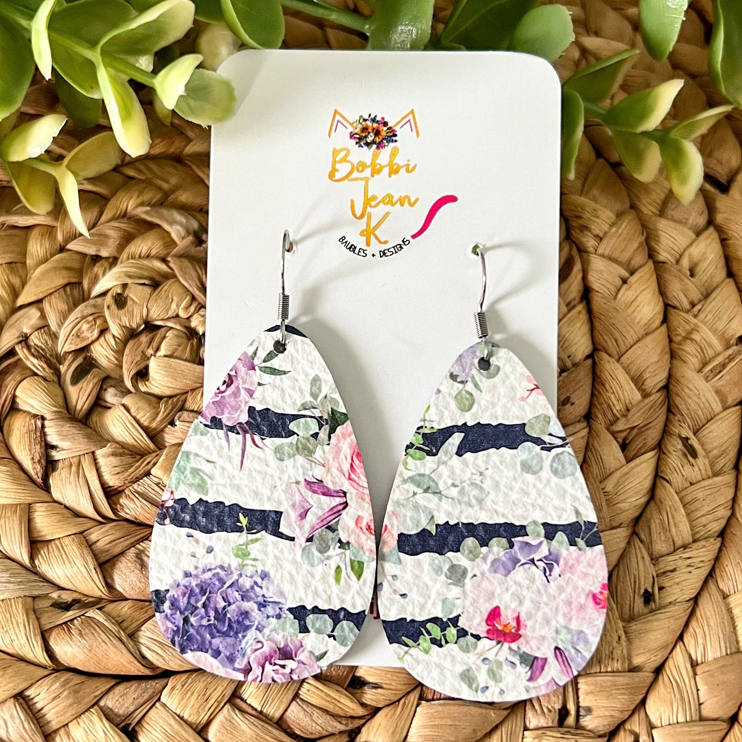 Navy Striped Floral Leather Earrings: Choose From 2 Styles - LAST CHANCE