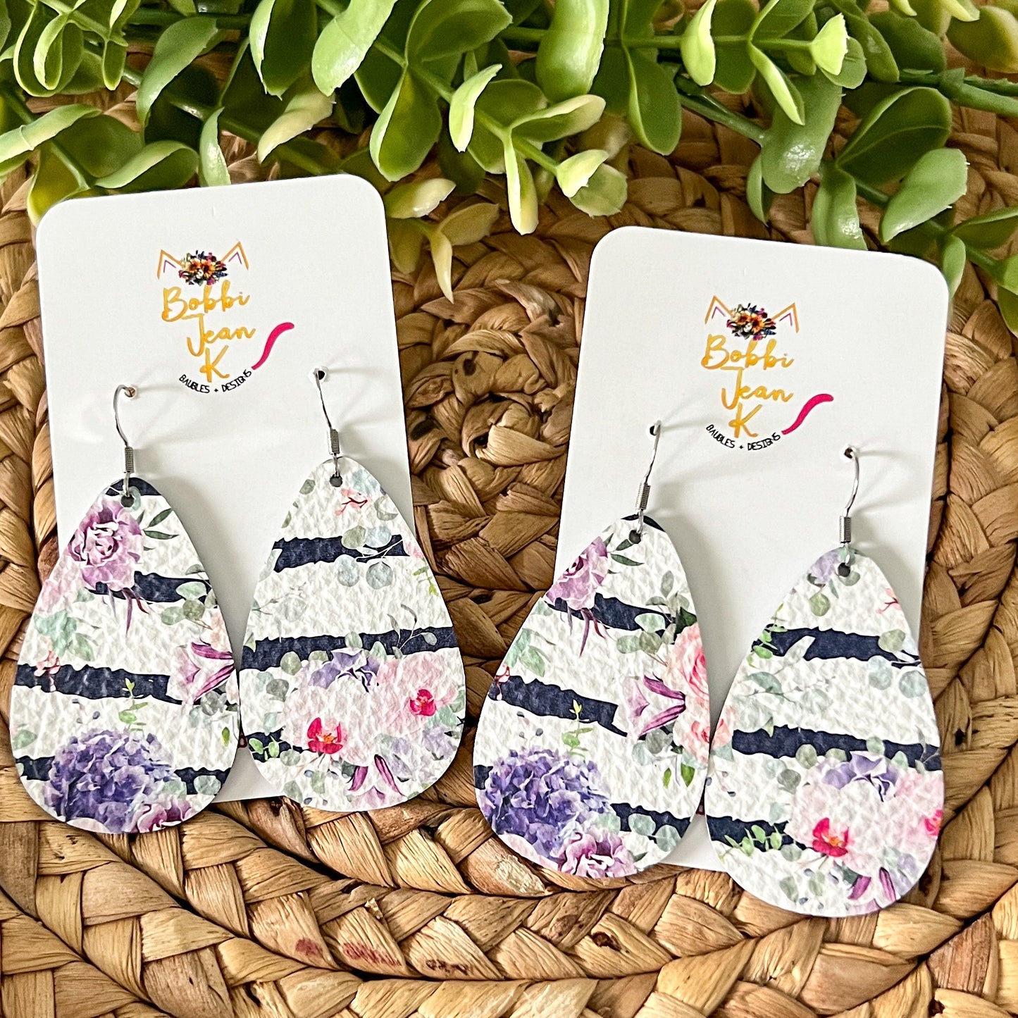 Navy Striped Floral Leather Earrings: Choose From 2 Styles - LAST CHANCE