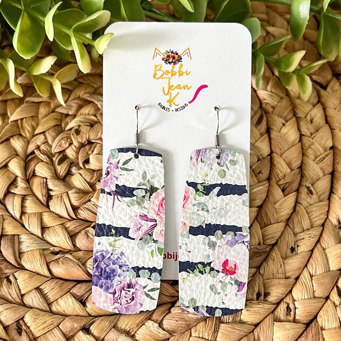 Navy Striped Floral Leather Earrings: Choose From 2 Styles - LAST CHANCE