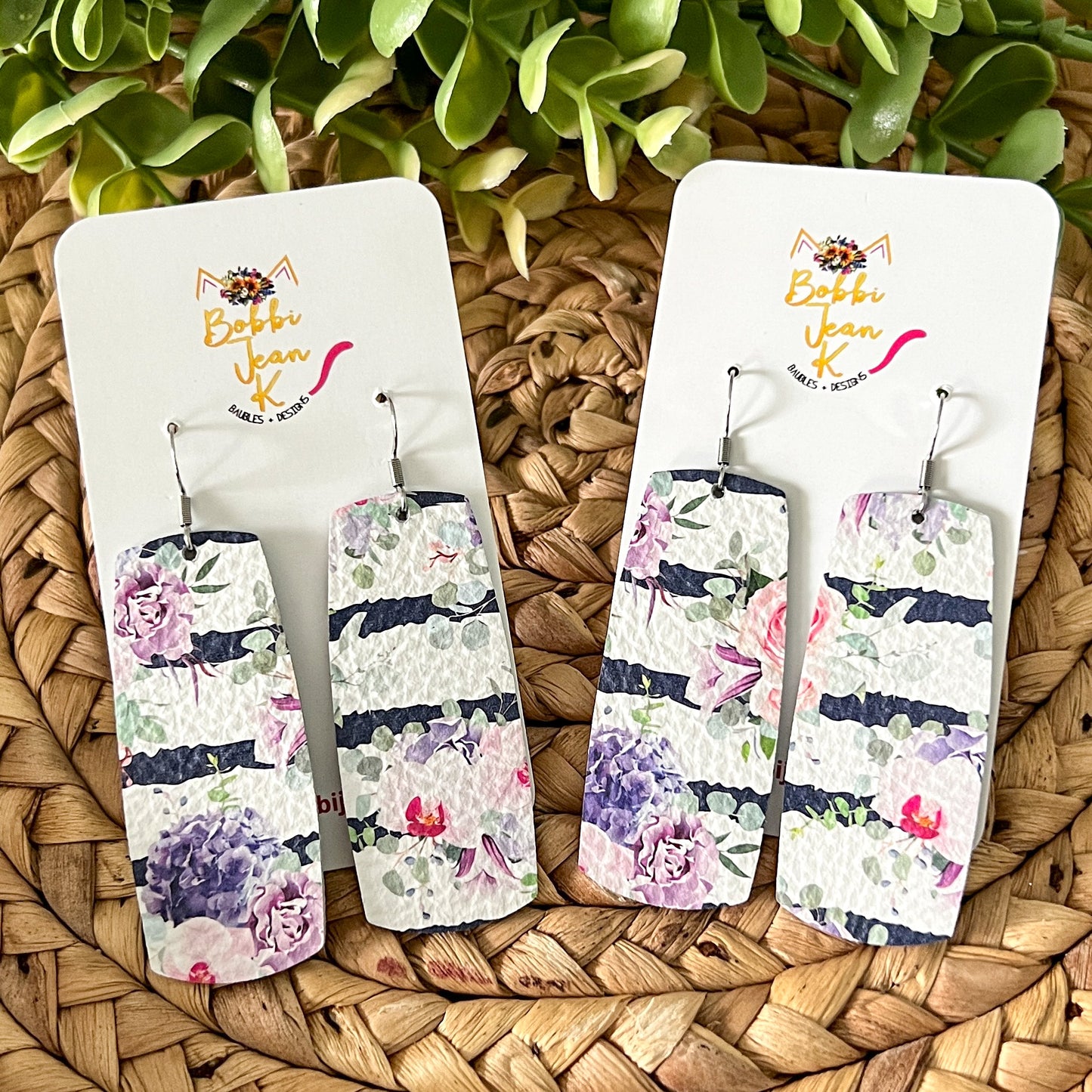 Navy Striped Floral Leather Earrings: Choose From 2 Styles - LAST CHANCE