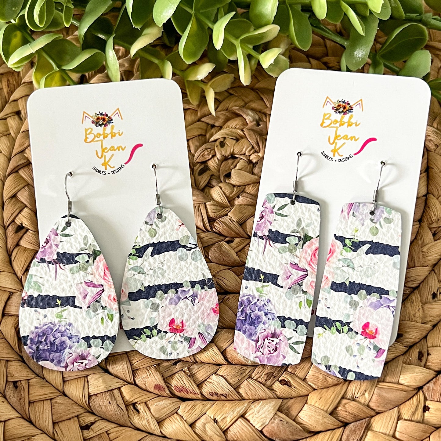 Navy Striped Floral Leather Earrings: Choose From 2 Styles - LAST CHANCE