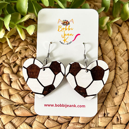Soccer Ball Wood Heart Earrings - Hand Painted