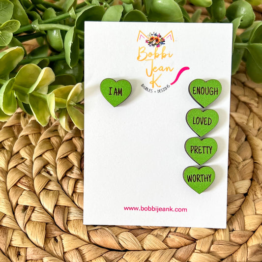 SALE: Green Wood Affirmation Heart Studs: 4 Pairs in One Set - ONLY ONE LEFT