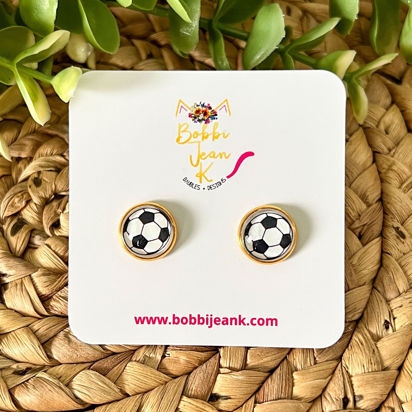 SALE: Soccer Ball (Style 1) Glass Studs 12mm: Choose Silver or Gold Settings - ONLY 2 LEFT