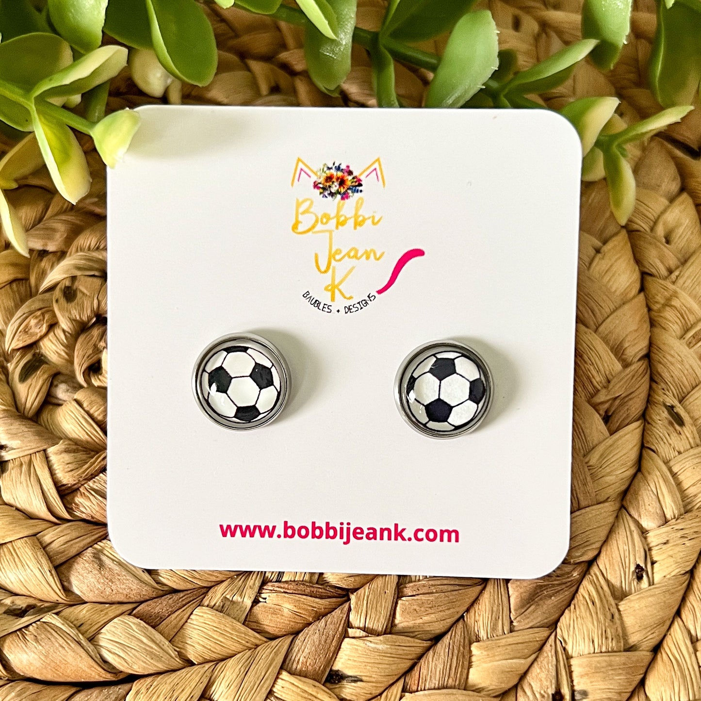 SALE: Soccer Ball (Style 1) Glass Studs 12mm: Choose Silver or Gold Settings - ONLY 2 LEFT