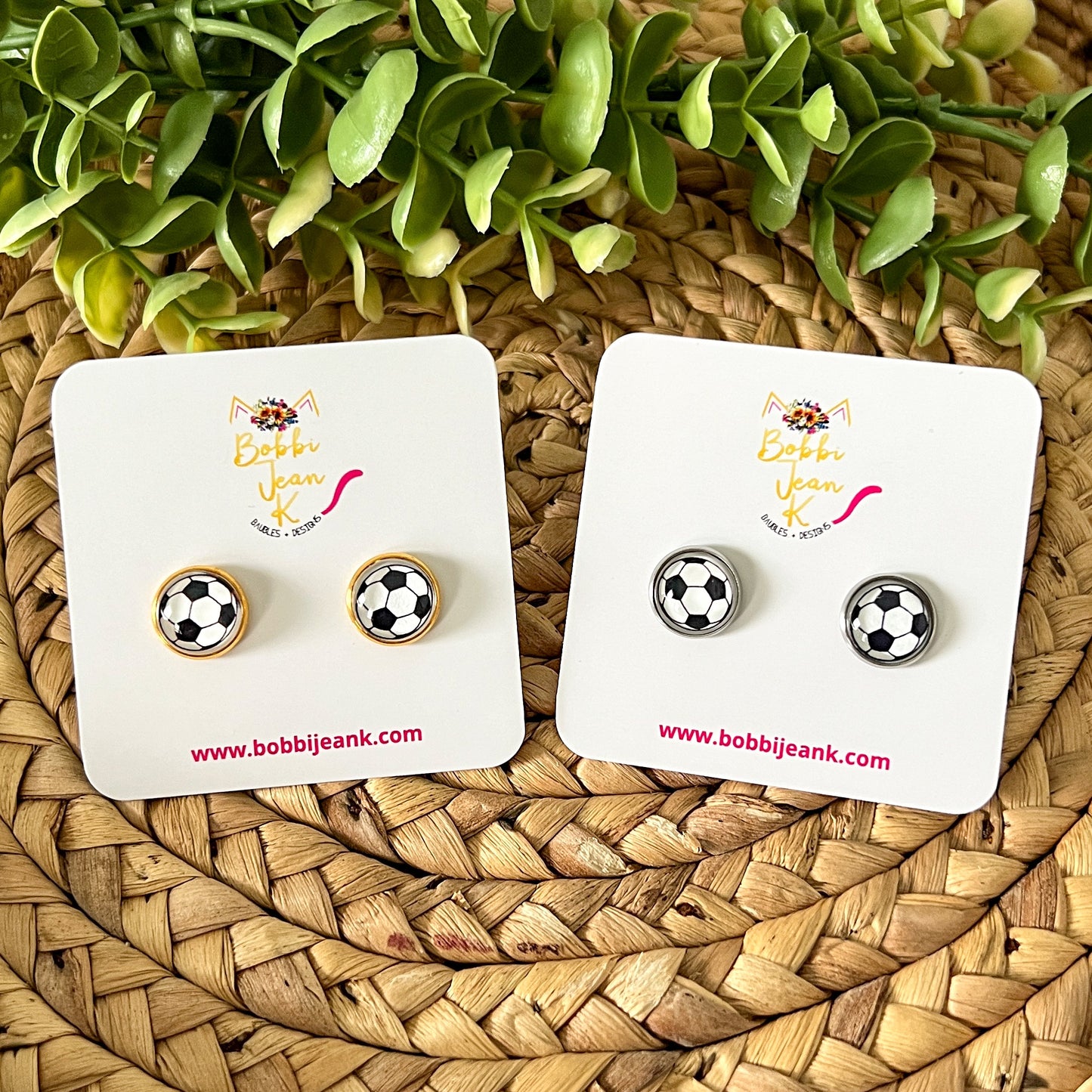SALE: Soccer Ball (Style 1) Glass Studs 12mm: Choose Silver or Gold Settings - ONLY 2 LEFT