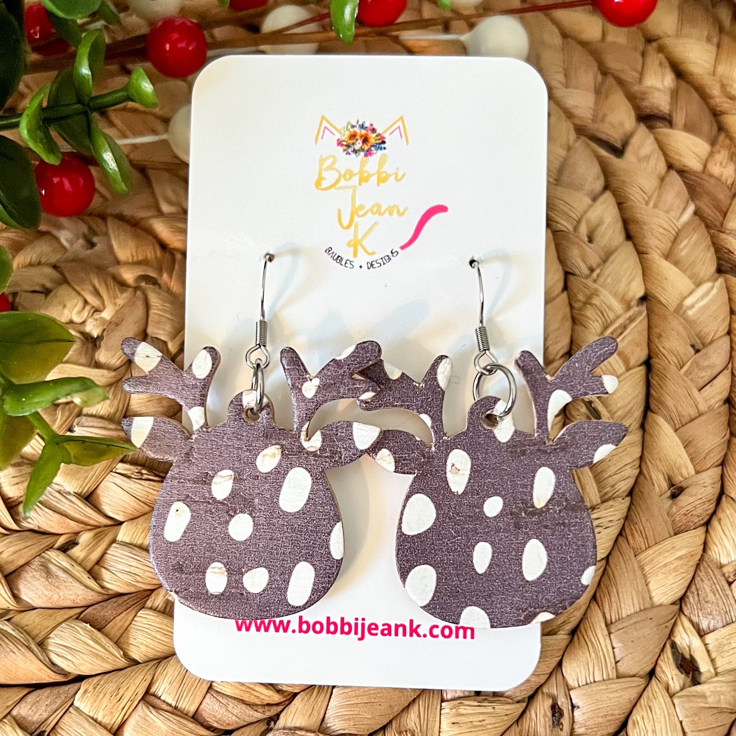 Reindeer Head Cork on Leather Earrings: Choose From 3 Print Options - LAST CHANCE