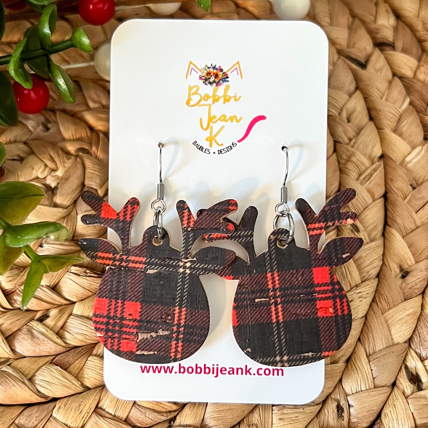 Reindeer Head Cork on Leather Earrings: Choose From 3 Print Options - LAST CHANCE