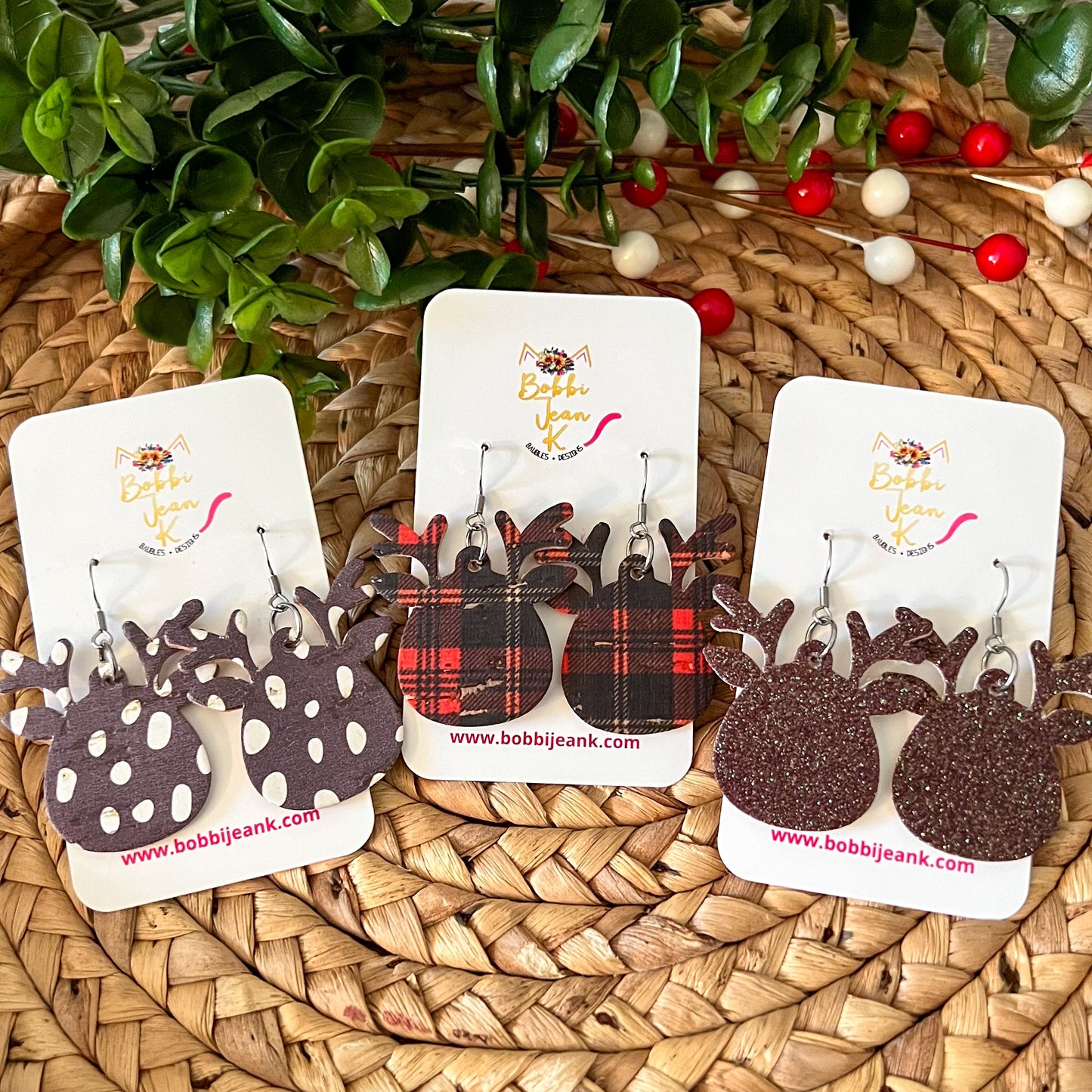 Reindeer Head Cork on Leather Earrings: Choose From 3 Print Options - LAST CHANCE
