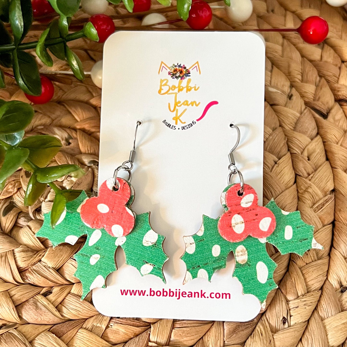 Holly Berry Leather Earrings: Choose From 2 Print Options - LAST CHANCE