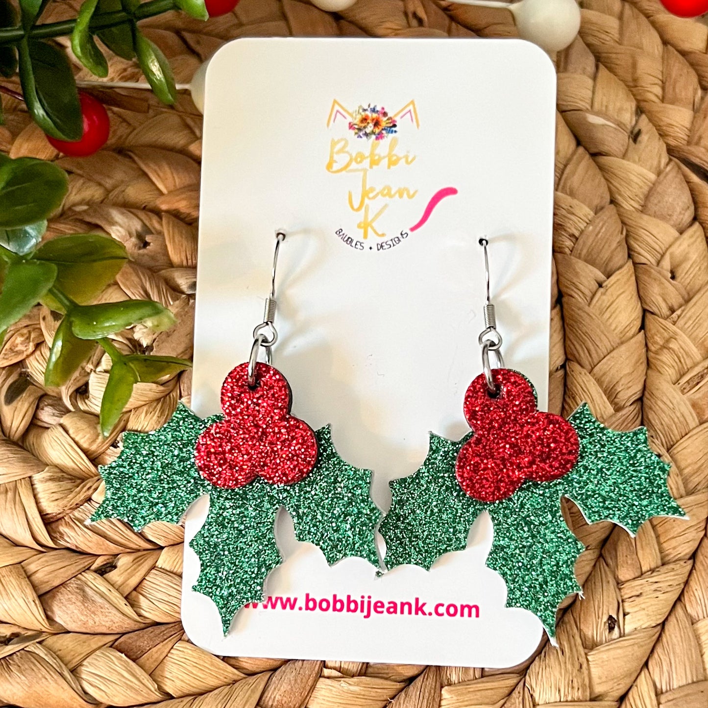 Holly Berry Leather Earrings: Choose From 2 Print Options - LAST CHANCE