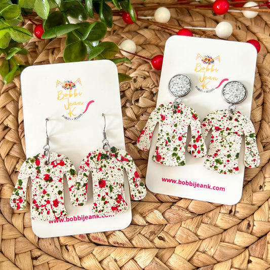 White Paint Splatter "Ugly" Sweater Cork on Leather Earrings - ONLY ONE OF EACH LEFT