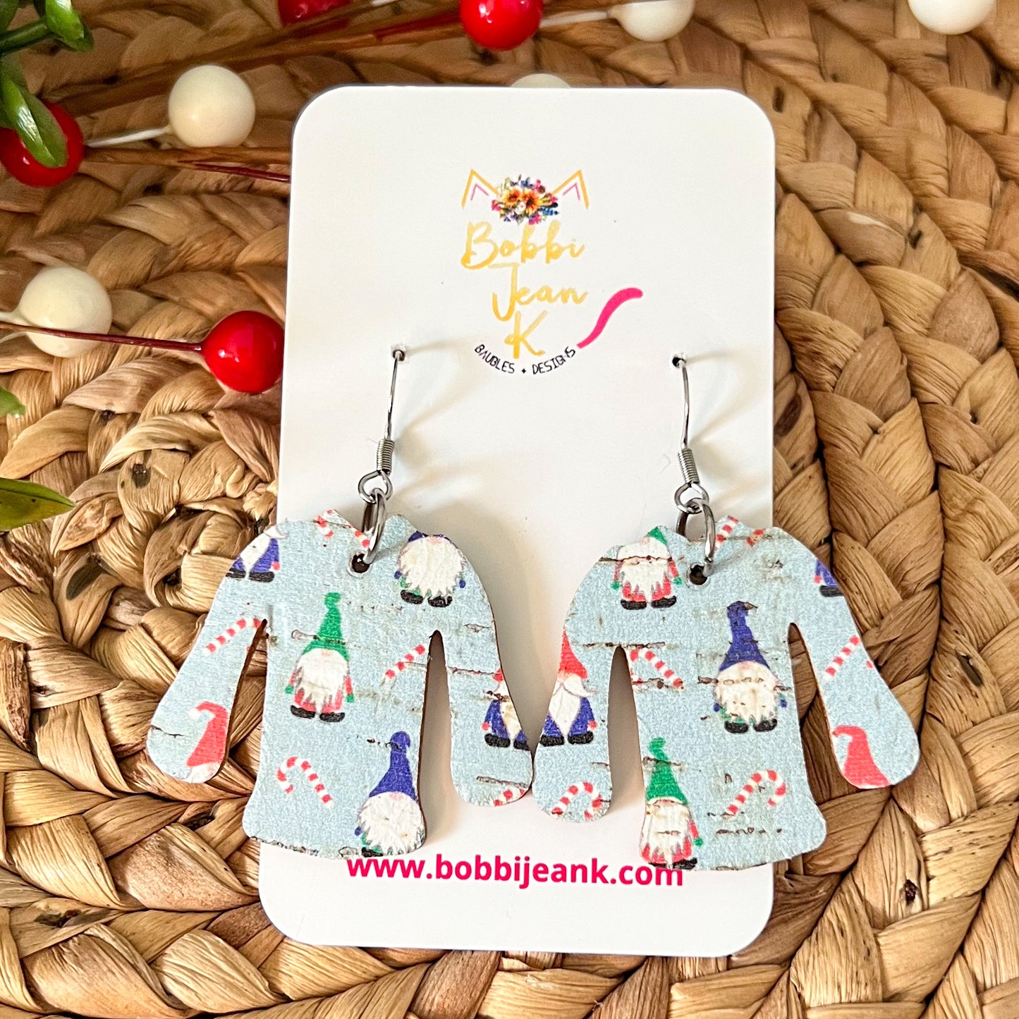 Holiday Gnomes "Ugly" Sweater Cork on Leather Earrings - ONLY ONE LEFT
