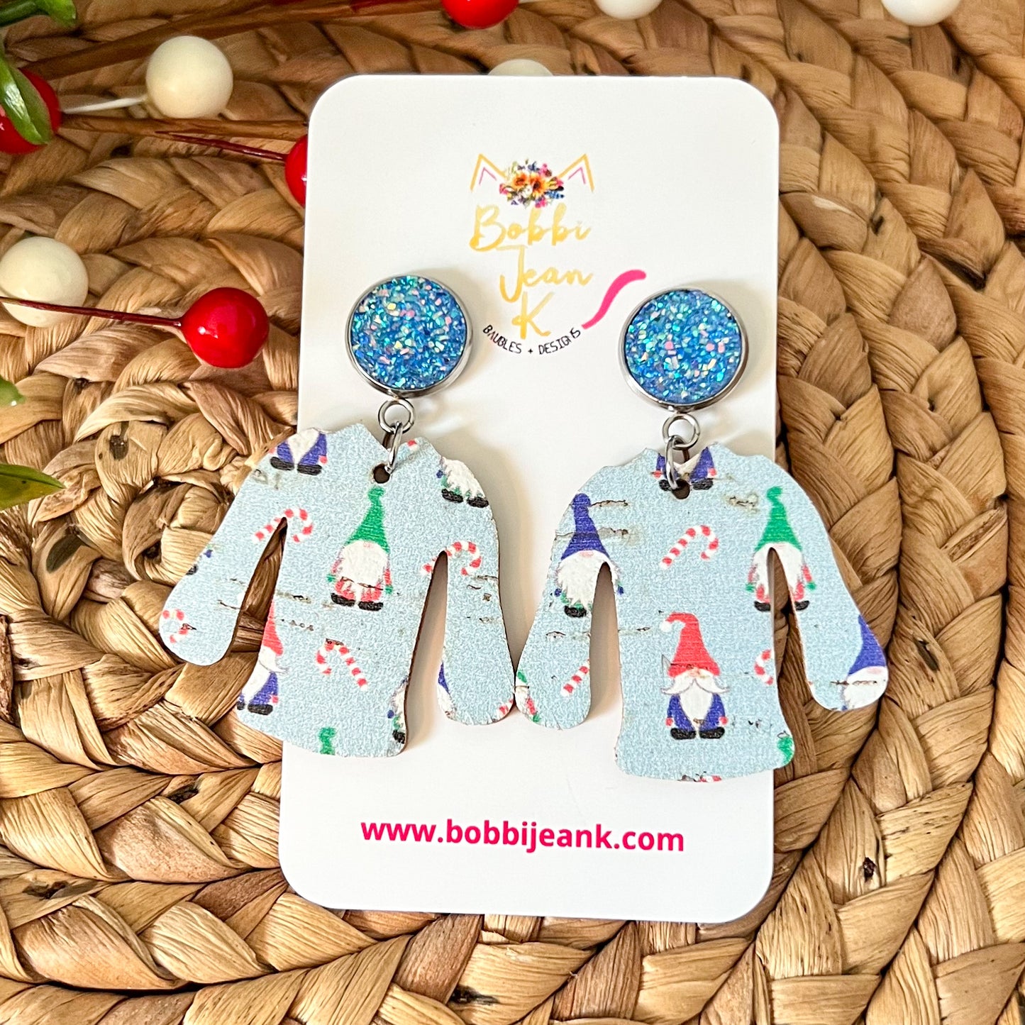 Holiday Gnomes "Ugly" Sweater Cork on Leather Earrings - ONLY ONE LEFT