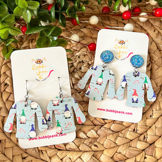 Holiday Gnomes "Ugly" Sweater Cork on Leather Earrings - LAST CHANCE