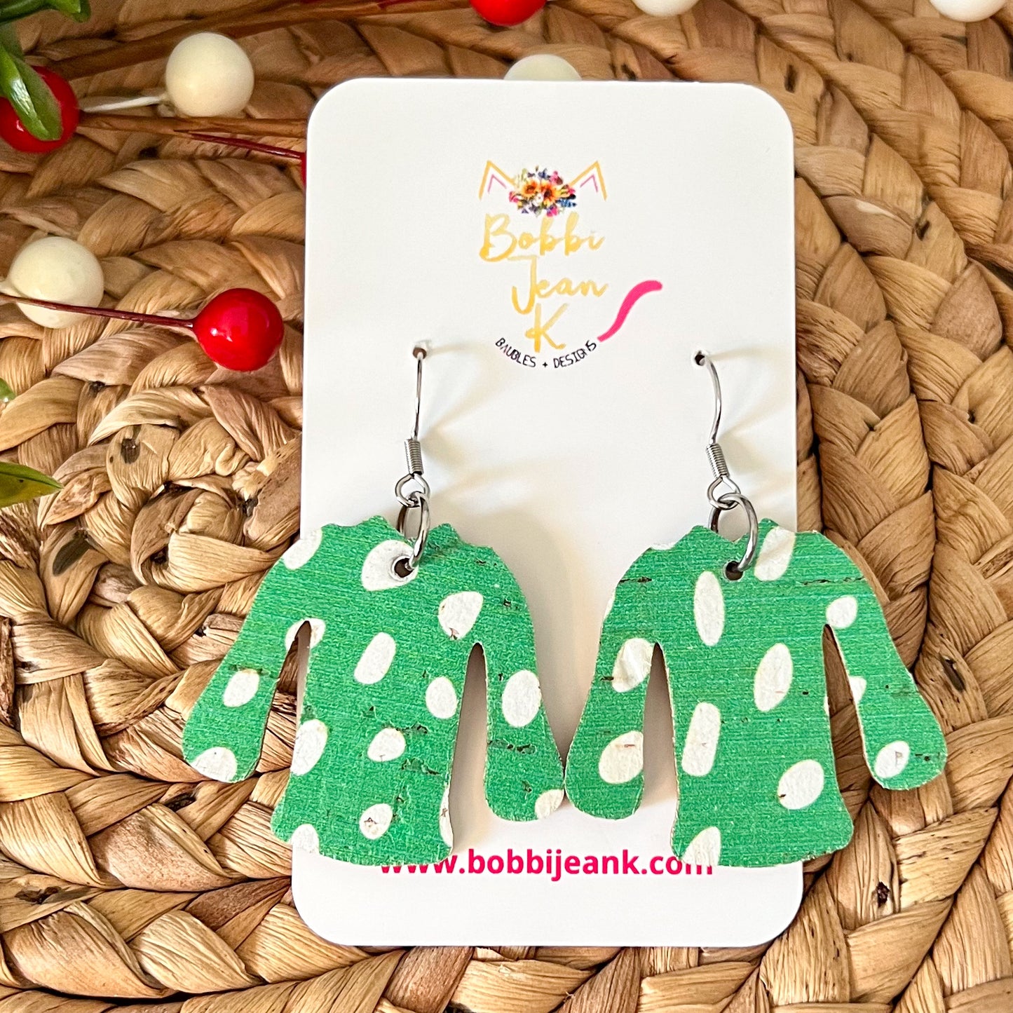 Green Spotted "Ugly" Sweater Cork on Leather Earrings - ONLY 2 OF EACH LEFT