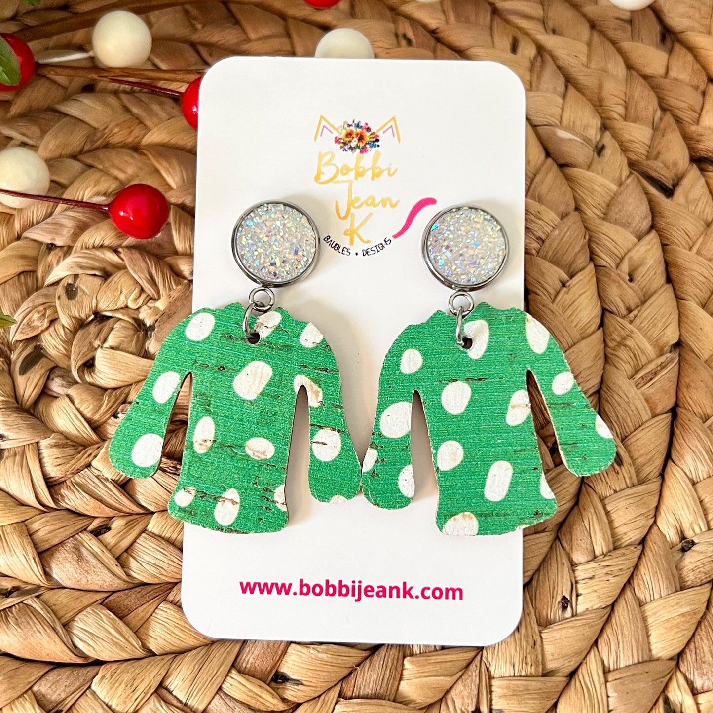 Green Spotted "Ugly" Sweater Cork on Leather Earrings - ONLY 2 OF EACH LEFT