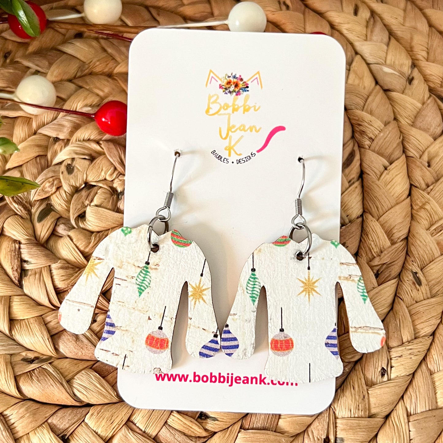 Holiday Ornaments "Ugly" Sweater Cork on Leather Earrings - ONLY 2 OF EACH LEFT