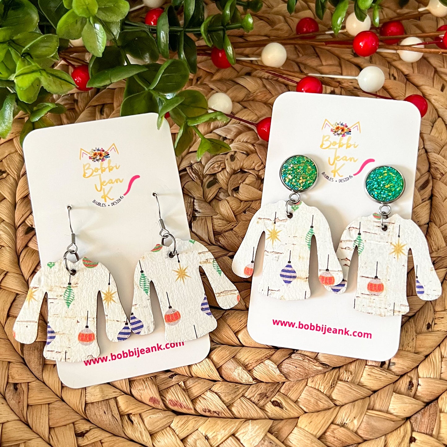 Holiday Ornaments "Ugly" Sweater Cork on Leather Earrings - ONLY 2 OF EACH LEFT