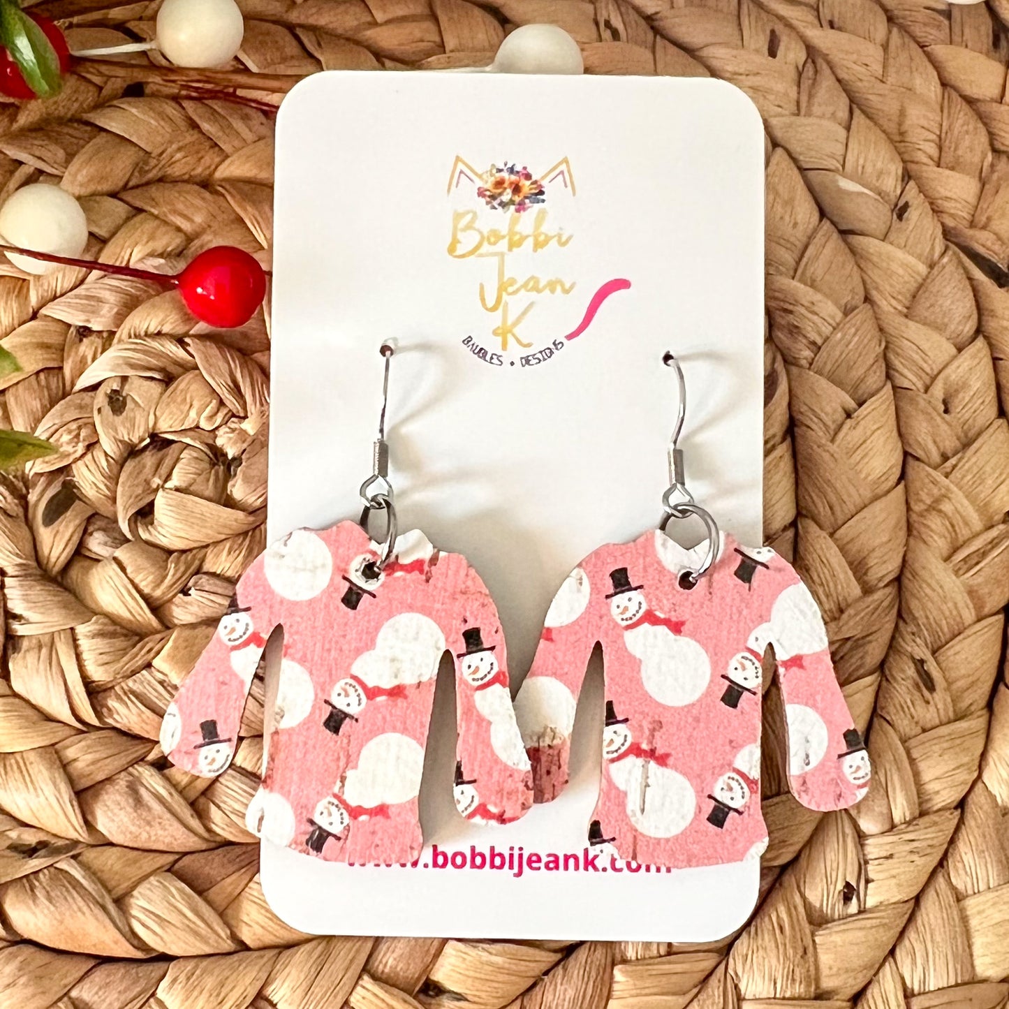 Whimsical Snowmen "Ugly" Sweater Cork on Leather Earrings - LAST CHANCE