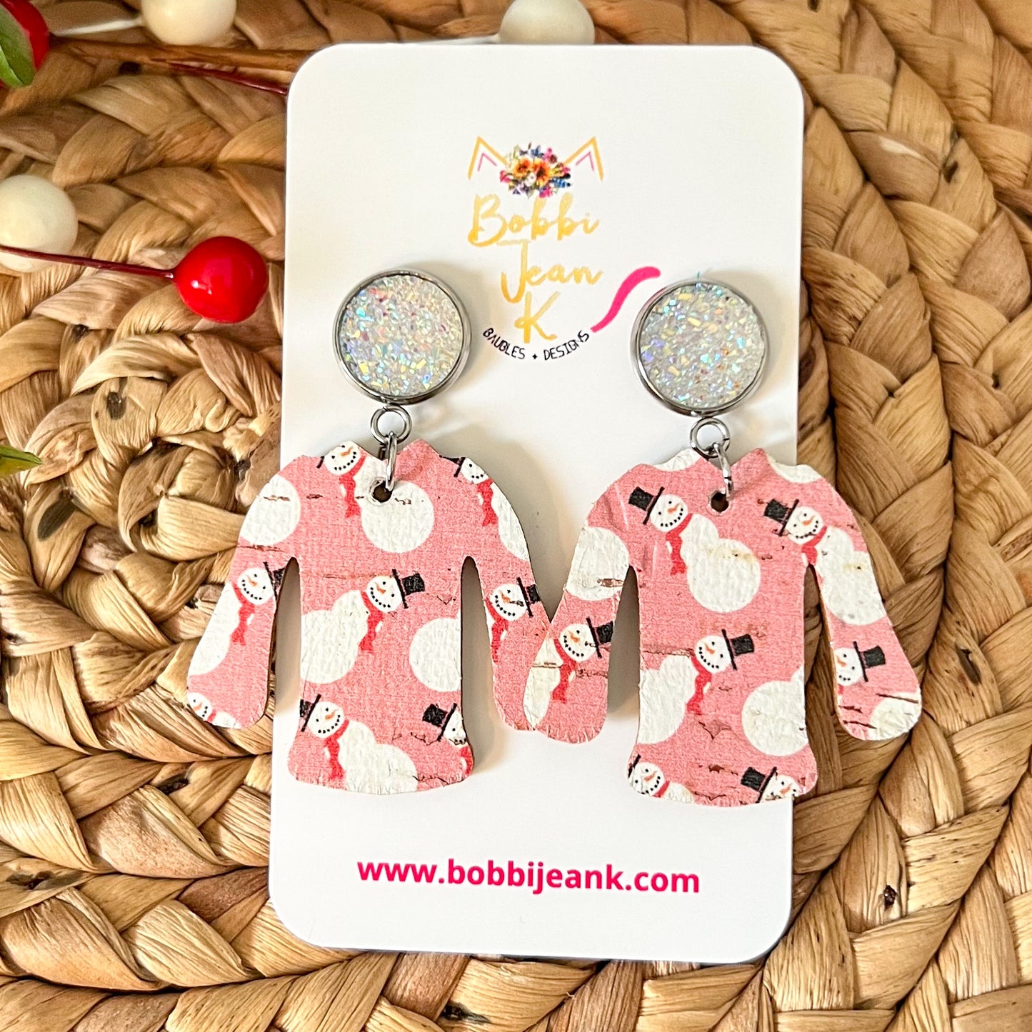 Whimsical Snowmen "Ugly" Sweater Cork on Leather Earrings - LAST CHANCE