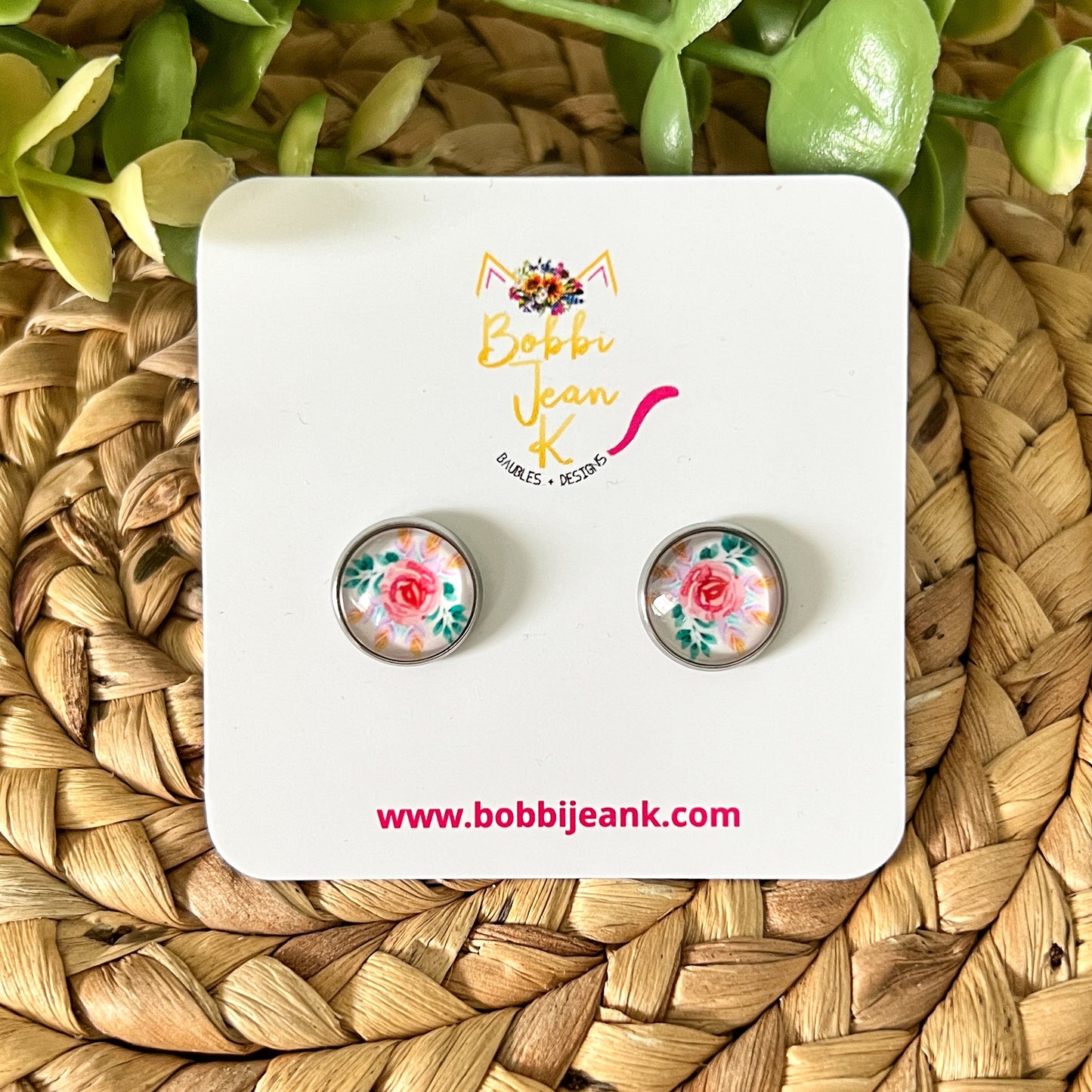 SALE: Petite Rose Glass Studs 12mm: Choose Silver or Gold Settings - LAST CHANCE