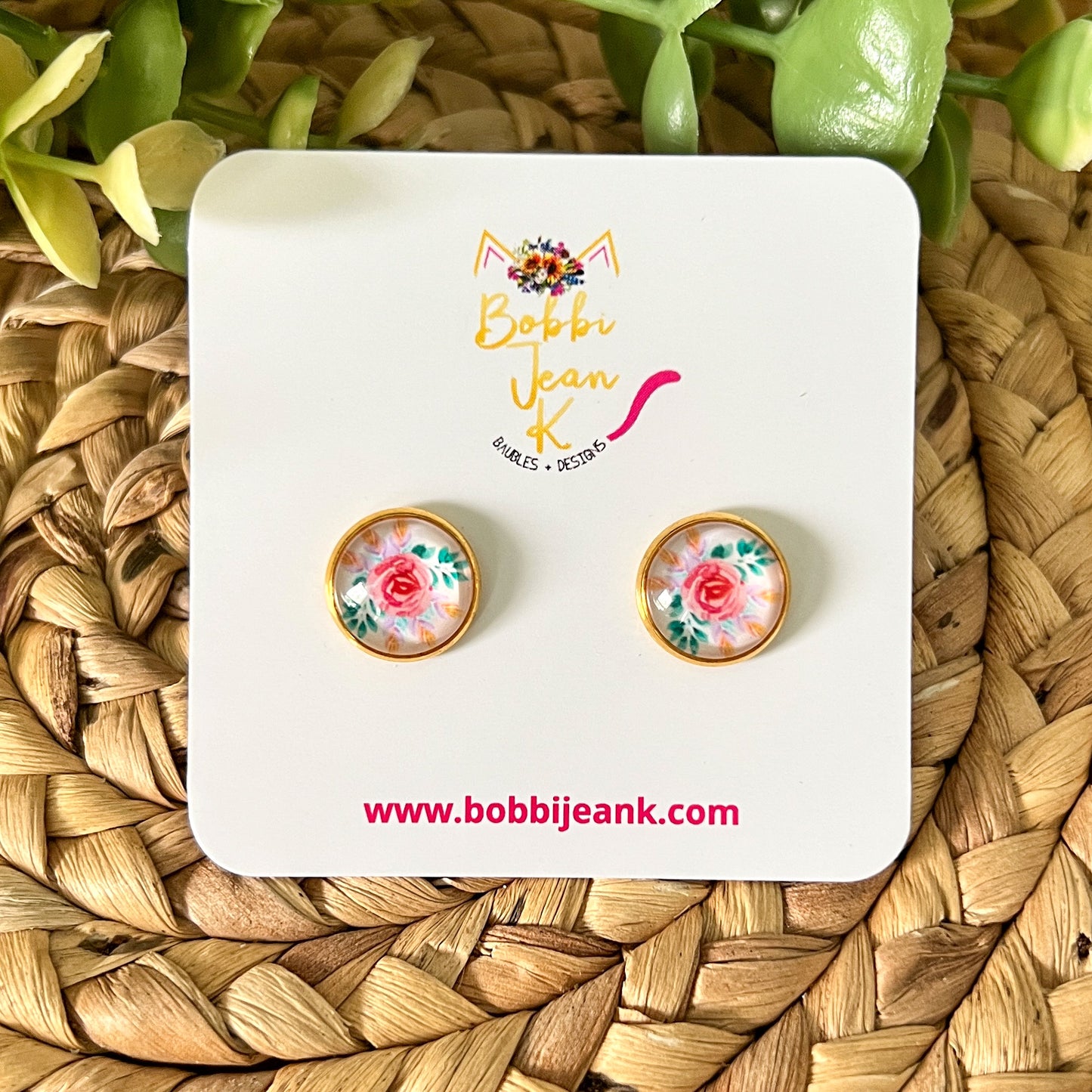 SALE: Petite Rose Glass Studs 12mm: Choose Silver or Gold Settings - LAST CHANCE