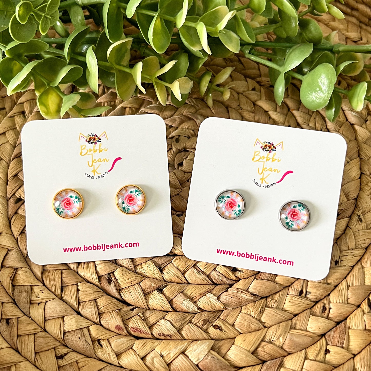 SALE: Petite Rose Glass Studs 12mm: Choose Silver or Gold Settings - LAST CHANCE