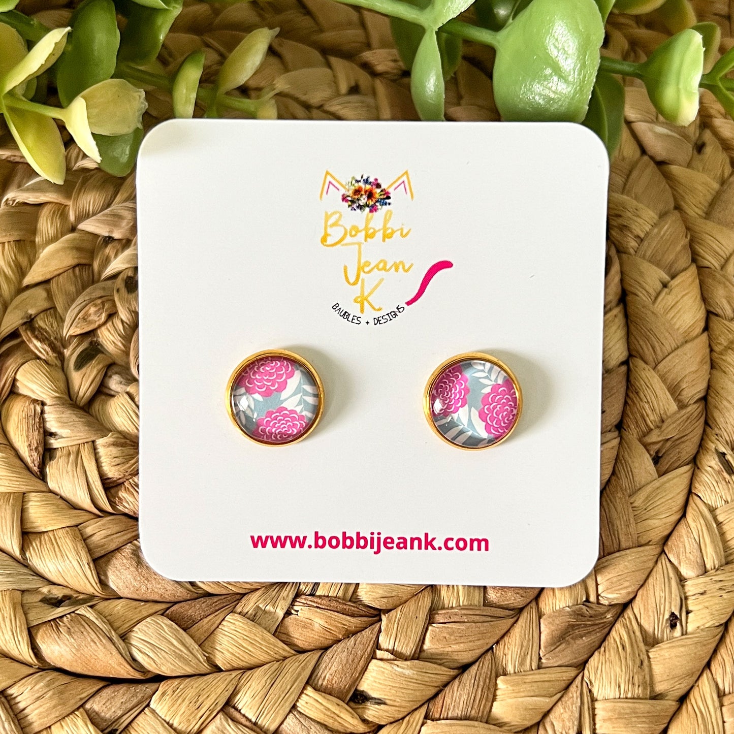 SALE: Pink & Gray Floral Glass Studs 12mm: Choose Silver or Gold Settings - LAST CHANCE
