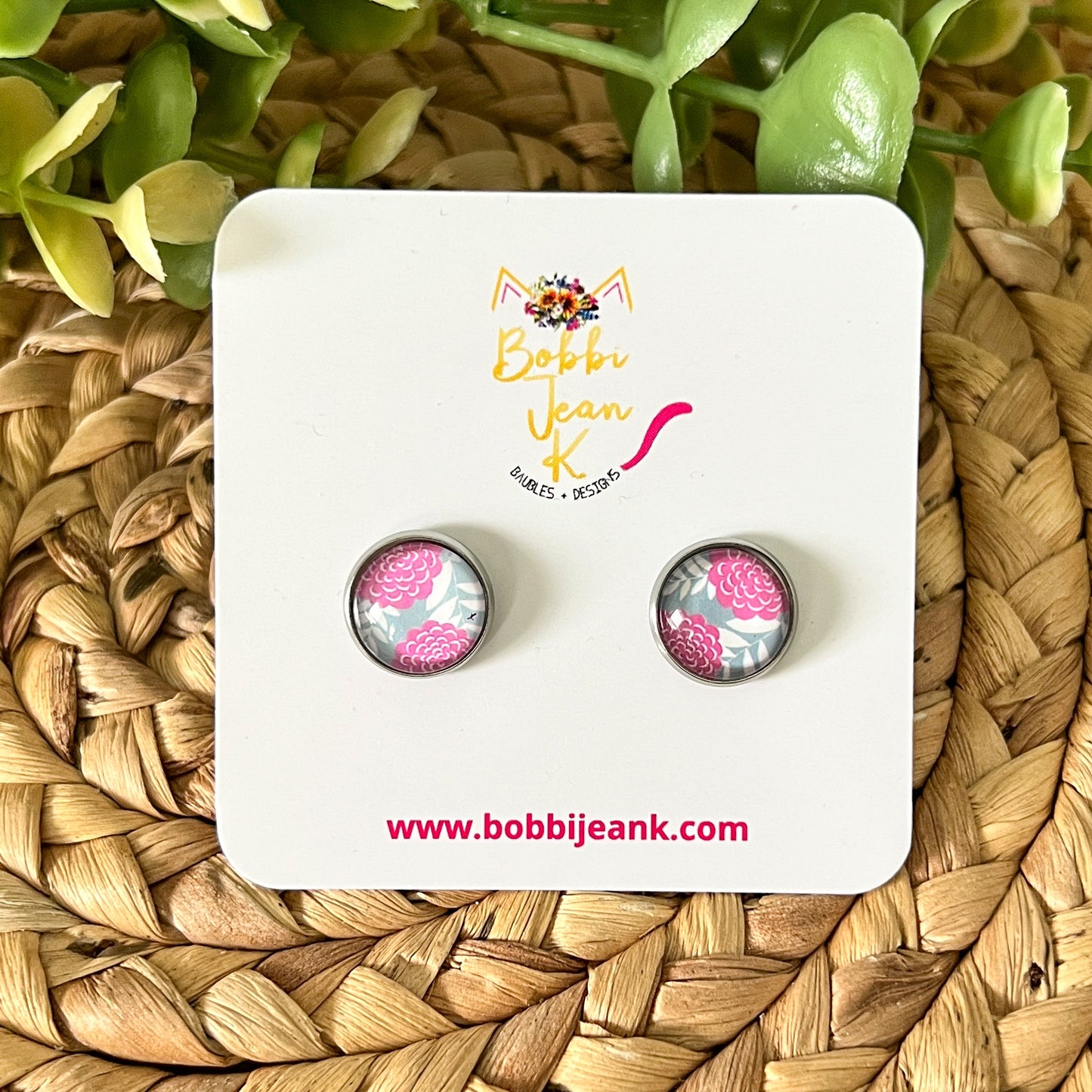 SALE: Pink & Gray Floral Glass Studs 12mm: Choose Silver or Gold Settings - LAST CHANCE