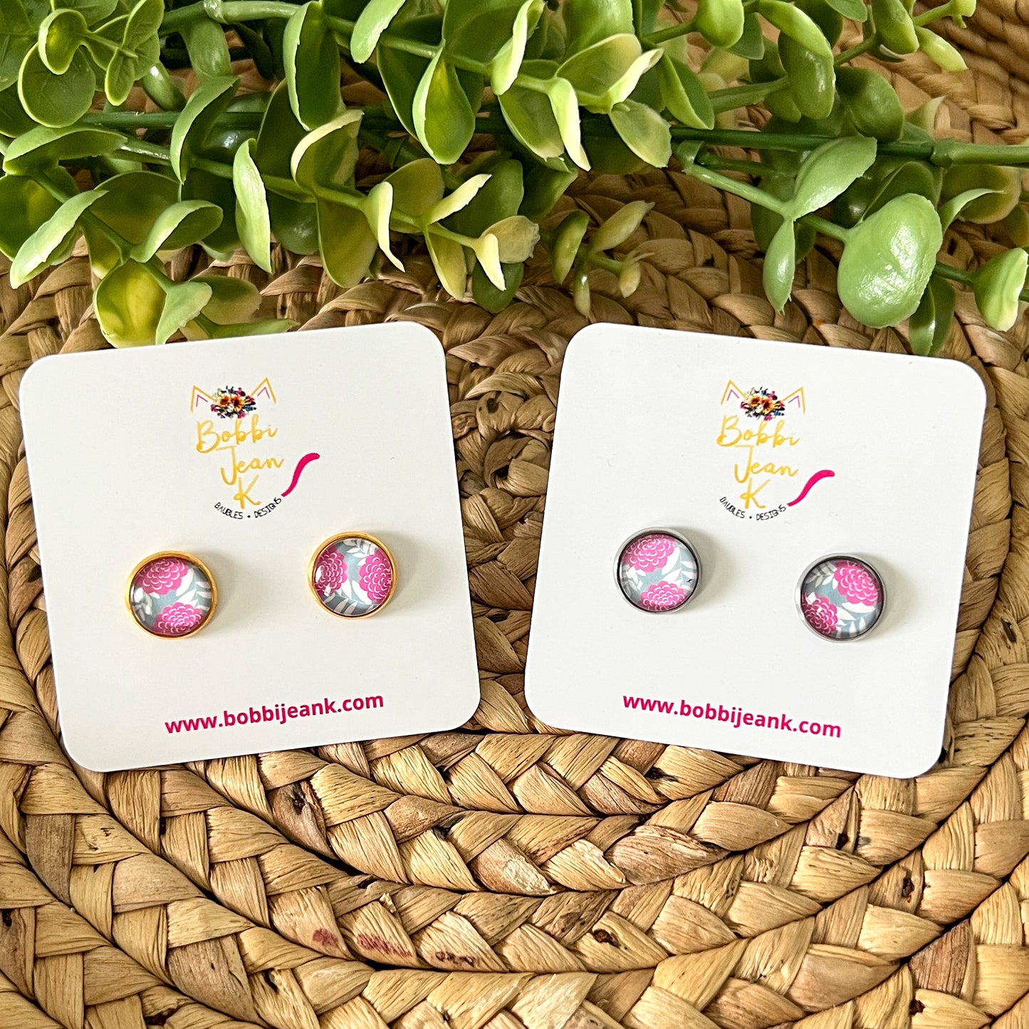 SALE: Pink & Gray Floral Glass Studs 12mm: Choose Silver or Gold Settings - LAST CHANCE